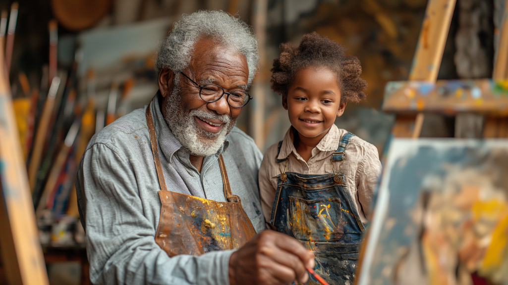 Grandson is sitting on Grandpa's lap while he paints a picture on a easel